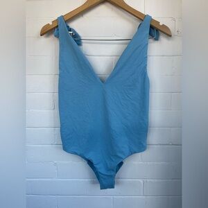 Free People Kikirio One piece Swimsuit Plunge Low-back Pastel Blue Size Medium